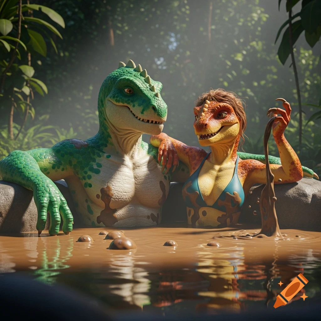 A 3D animated anthropomorphic dinosaur couple, a green male and an orange female in a bikini top, relaxing in a muddy hot tub in a lush jungle.