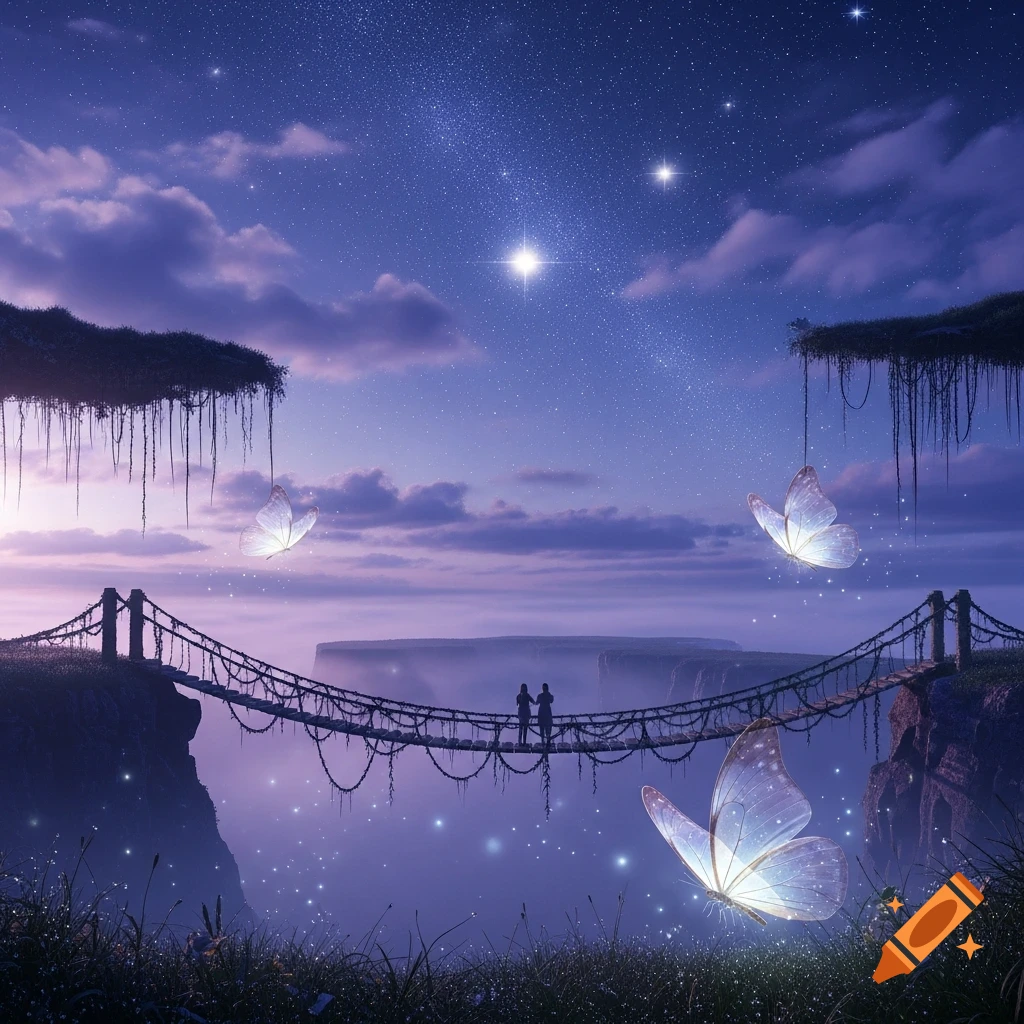 A dreamy night fantasy landscape with a rope bridge, two figures, and glowing butterflies under a starry, purple-blue sky.