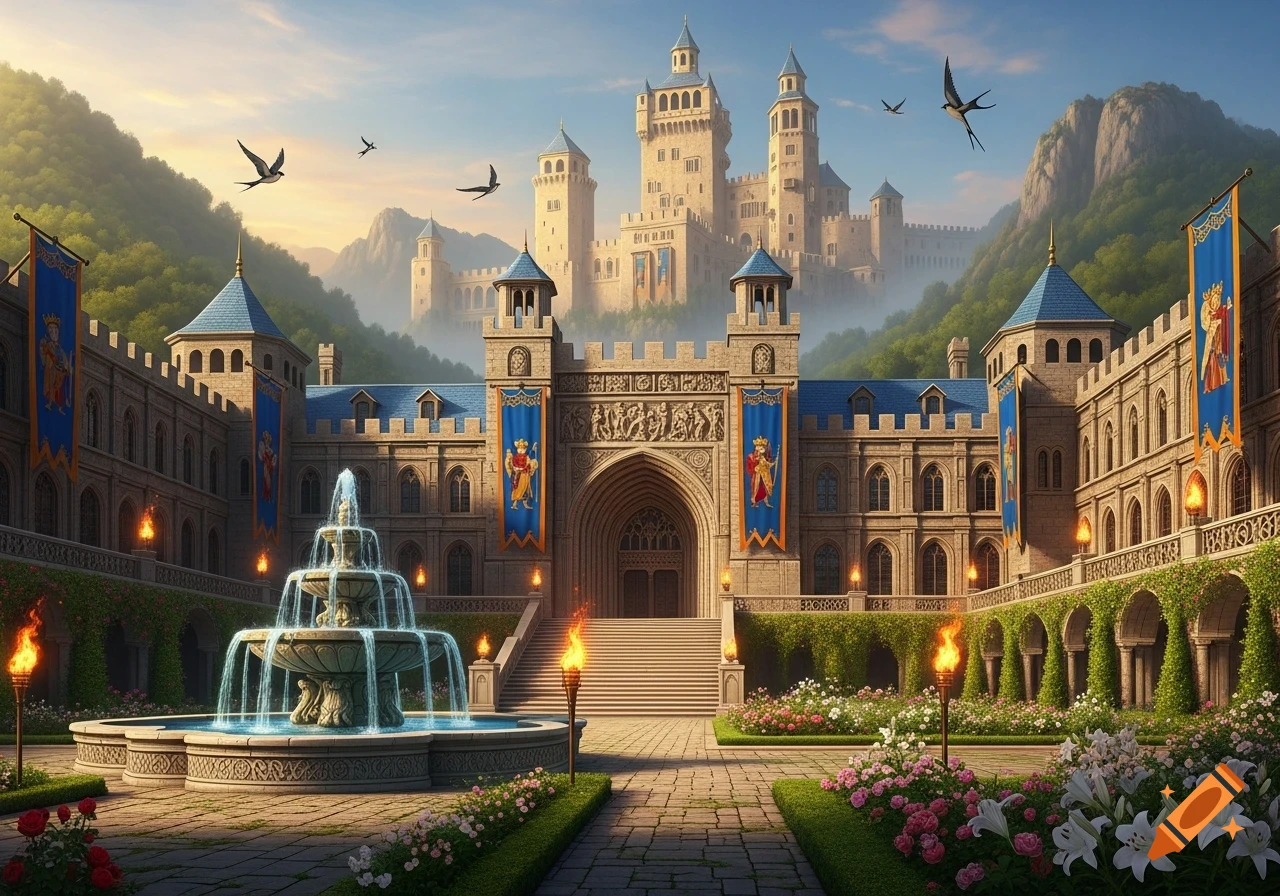 A grand medieval palace with a large courtyard, ornate fountain, colorful gardens, and mountains in the background, photorealistic.