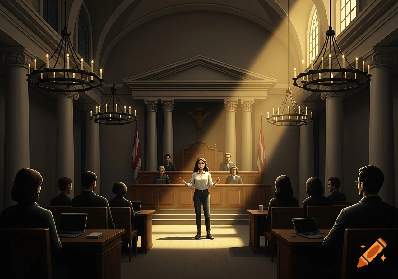 A woman in a white shirt and dark pants stands and speaks in a grand, dimly lit courtroom, illuminated by a beam of sunlight. Judges and other people are seated around her.