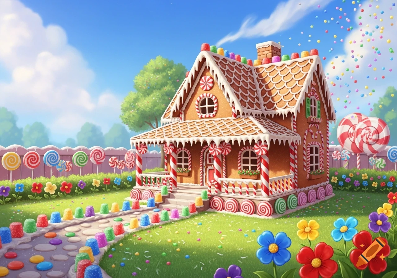 A whimsical gingerbread house decorated with colorful candy, set in a vibrant garden with lollipop fences and candy paths, under a blue sky.