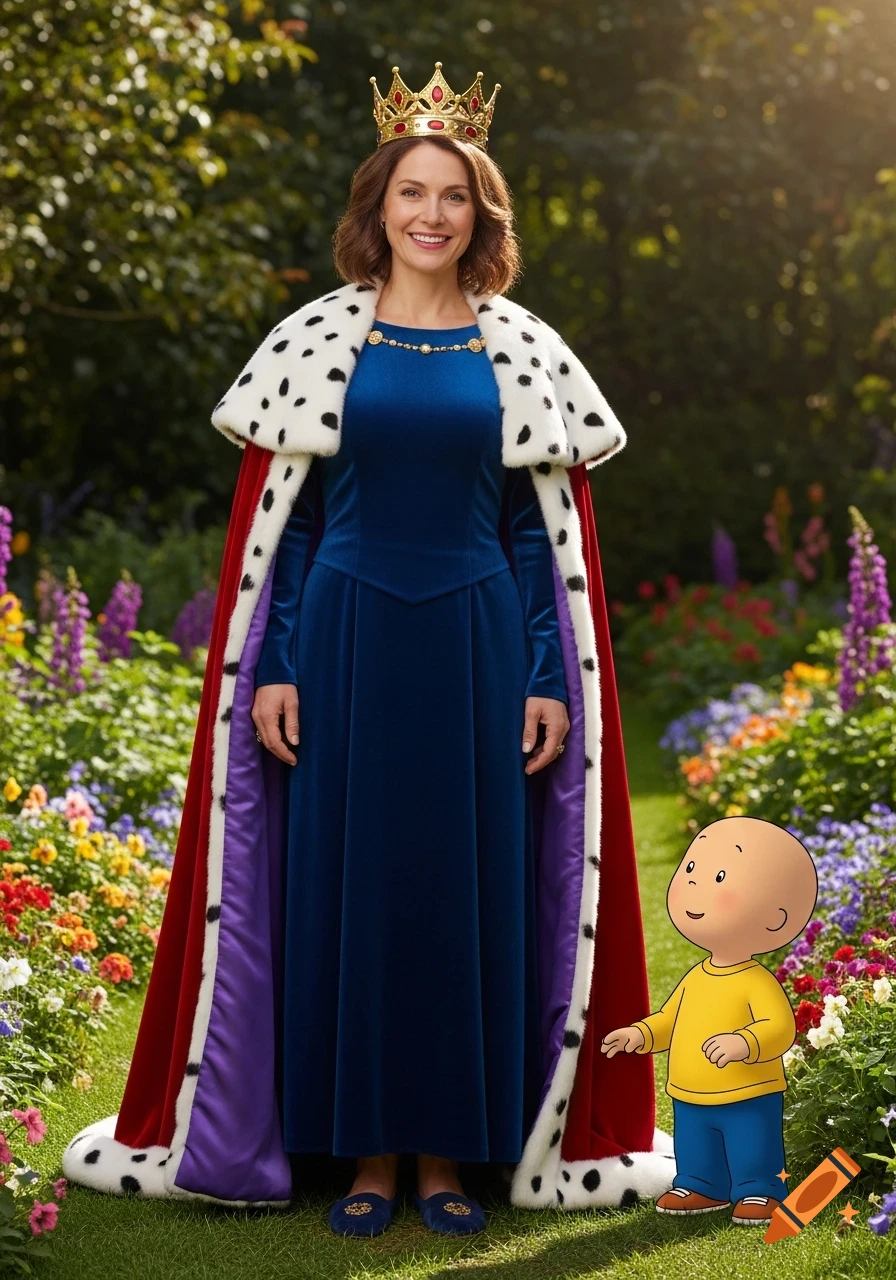 Queen Doris, a smiling woman in a blue gown, crown, and royal cape, stands in a vibrant garden next to a cartoon Caillou.