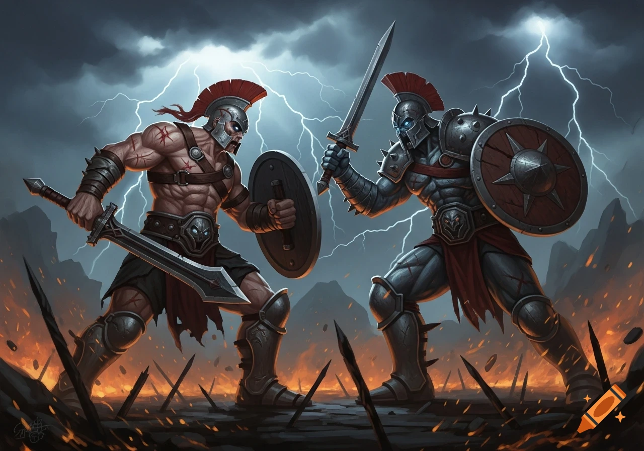 Two stylized fantasy warriors in helmets and armor clash with swords and shields amidst a stormy, lightning-filled, fiery battlefield.