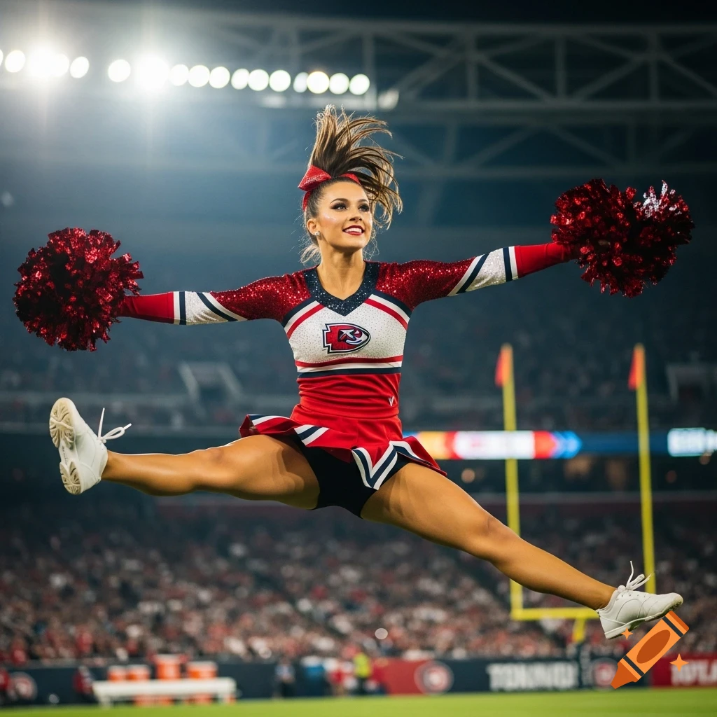 A female cheerleader in a red and white uniform performs a dynamic mid-air split jump in a stadium at night, holding red pom-poms.