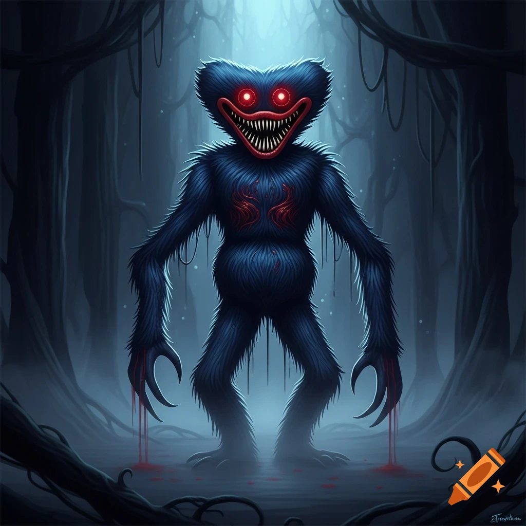 A tall, dark blue furry monster with glowing red eyes, a wide toothy grin, and blood dripping from its clawed hands stands in a misty, dark forest.