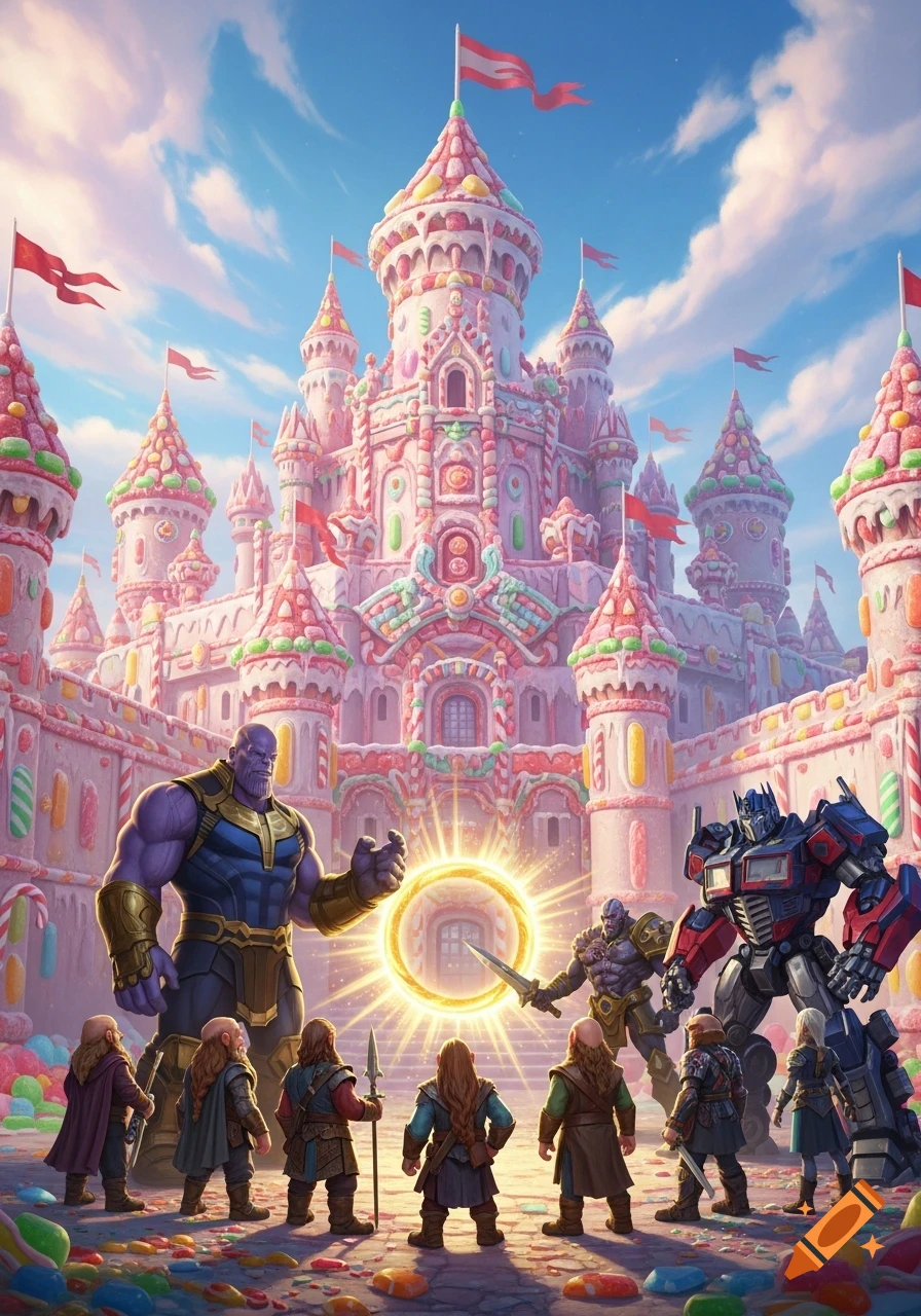Thanos, Optimus Prime, Urgot, and several dwarves gather around a glowing ring in front of a colorful medieval candy castle.