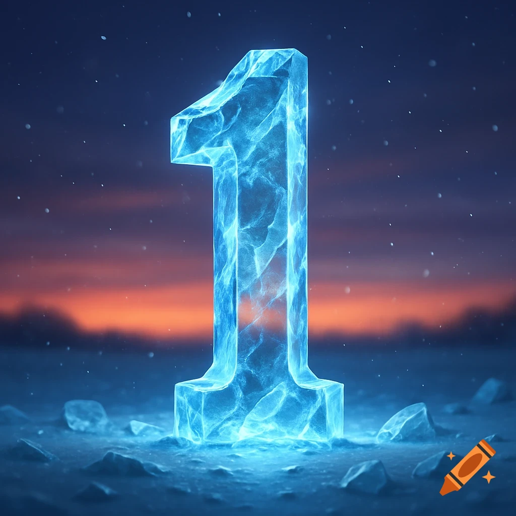 A shimmering number 1 made of blue ice, glowing against a cold, snowy landscape at sunset.