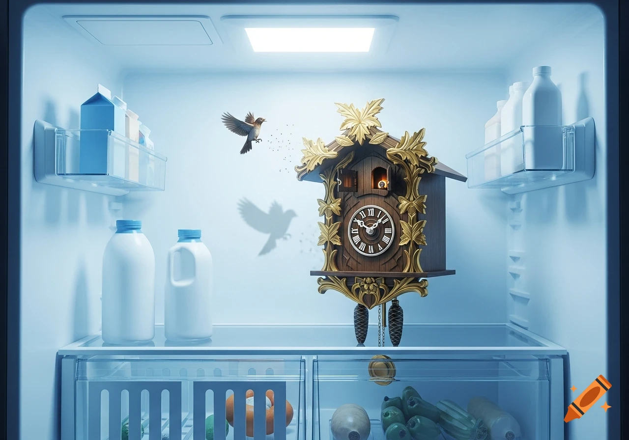 A cuckoo clock and a bird flying out of it inside a brightly lit refrigerator with milk and vegetables, photorealistic style.
