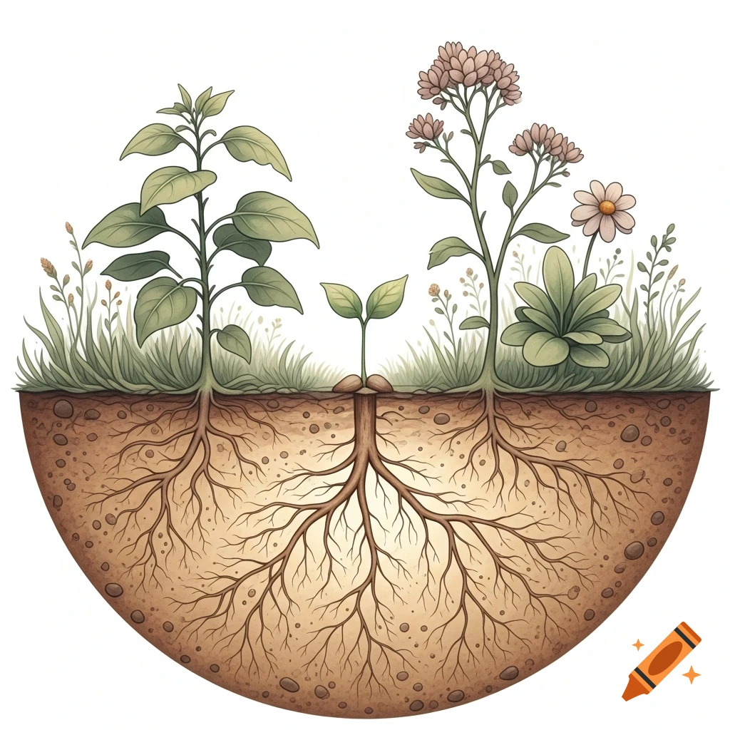 Watercolor illustration of a cross-section of soil with various plants and intertwined root systems.