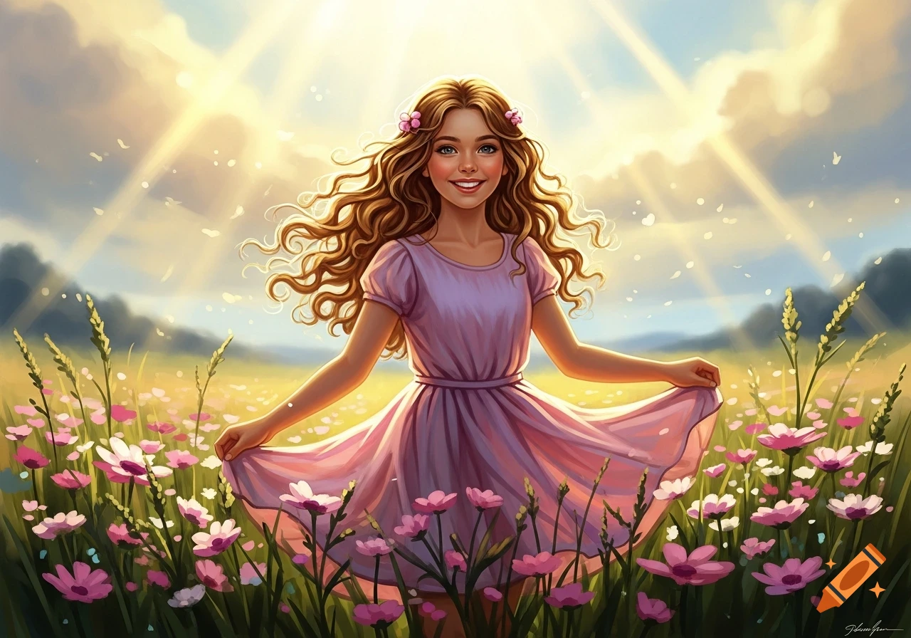 A smiling young girl with long curly hair in a pink dress stands in a vibrant field of pink flowers under a sunny sky.