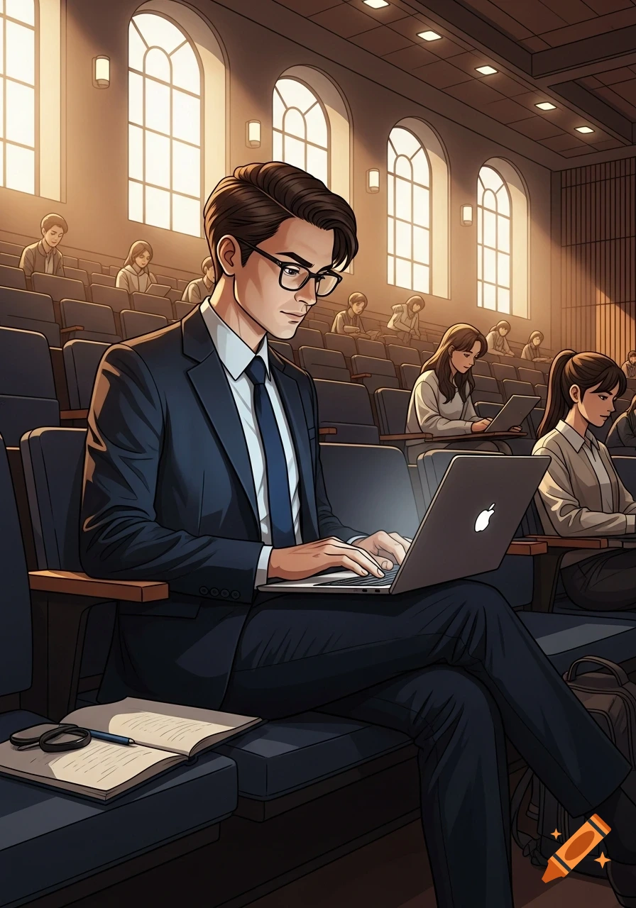 A man in a suit types on a laptop in an anime illustration of a university lecture hall filled with students.