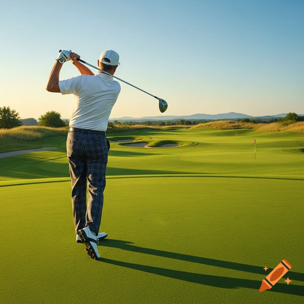A golfer in plaid pants and a white shirt swings a golf club on a green course during sunset.