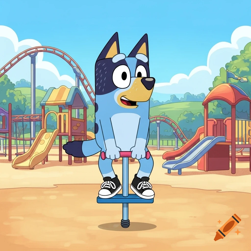 Bluey, a cartoon blue dog, jumps on a pogo stick in a playground, wearing black sneakers.