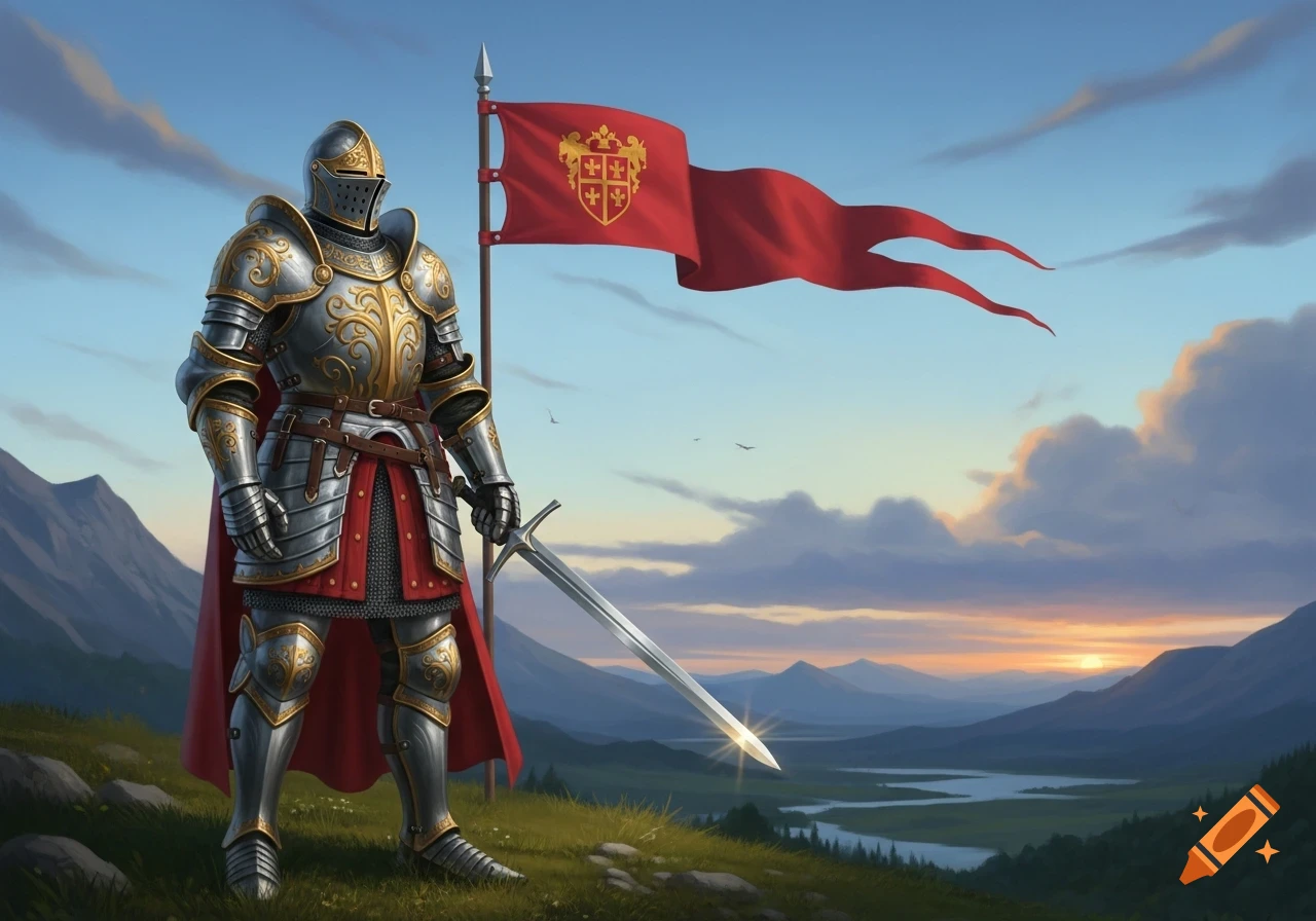 Ornate knight in gold and silver armor holding a sword on a hill with a red flag, overlooking a mountain valley at sunset.