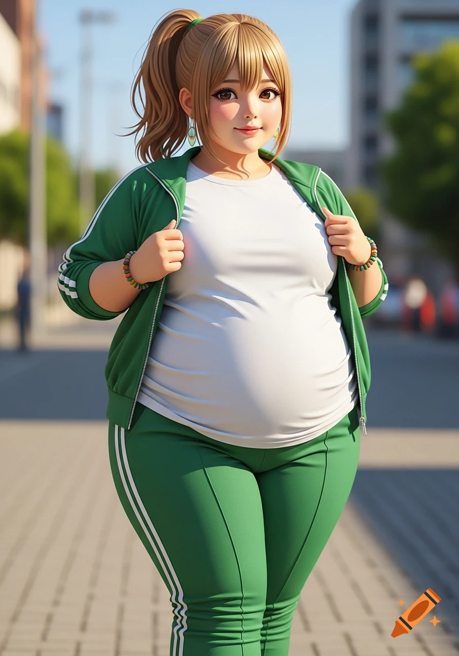 An anime-style woman with blonde hair in a ponytail, brown eyes, a large belly, wearing a white t-shirt and a green tracksuit, stands outdoors.