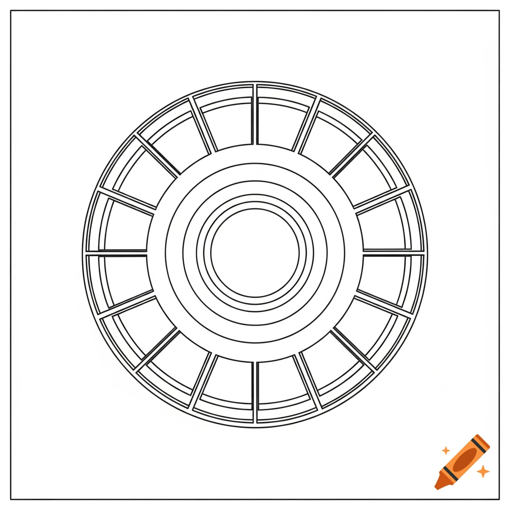 A black and white line drawing of a circular pattern with concentric rings and radial segments.