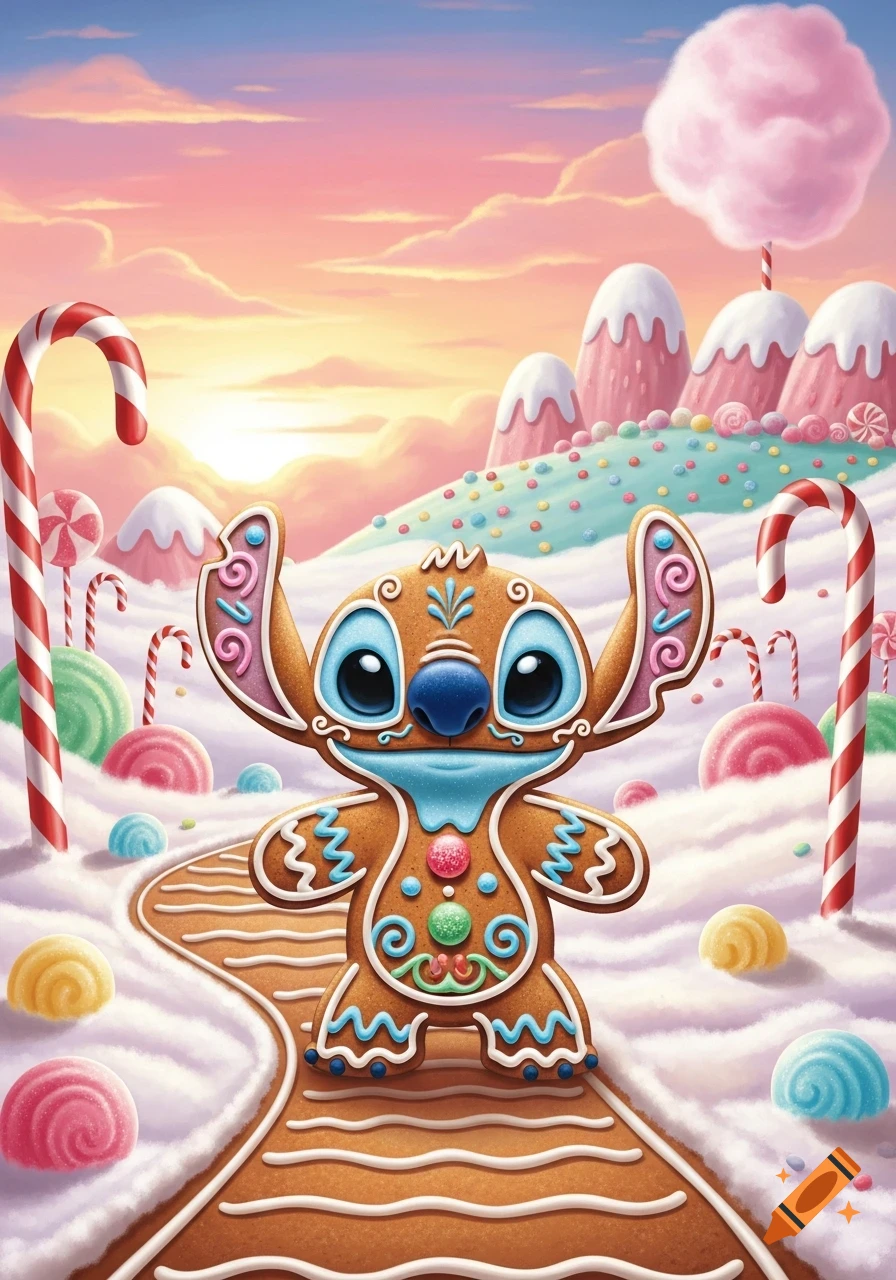 A gingerbread version of Stitch stands in a vibrant candy land with candy canes, sweet mountains, and a pastel sky in a cartoon style.