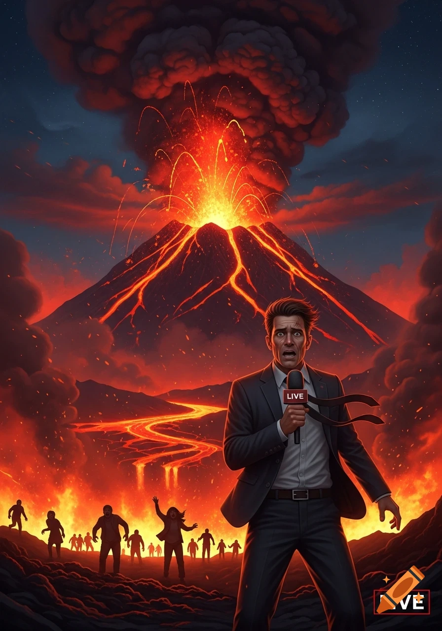 A scared reporter broadcasts live as a fiery volcano erupts behind him, with lava flowing and people fleeing in terror.