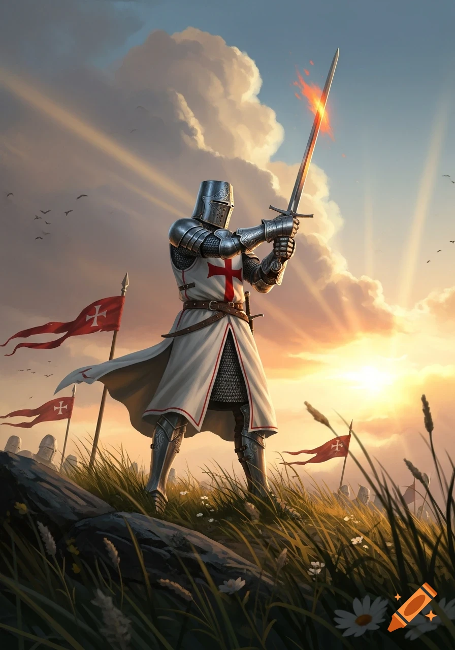 A crusader knight in shining armor holds a glowing sword aloft on a grassy hill at sunrise, with red-crossed flags flying.