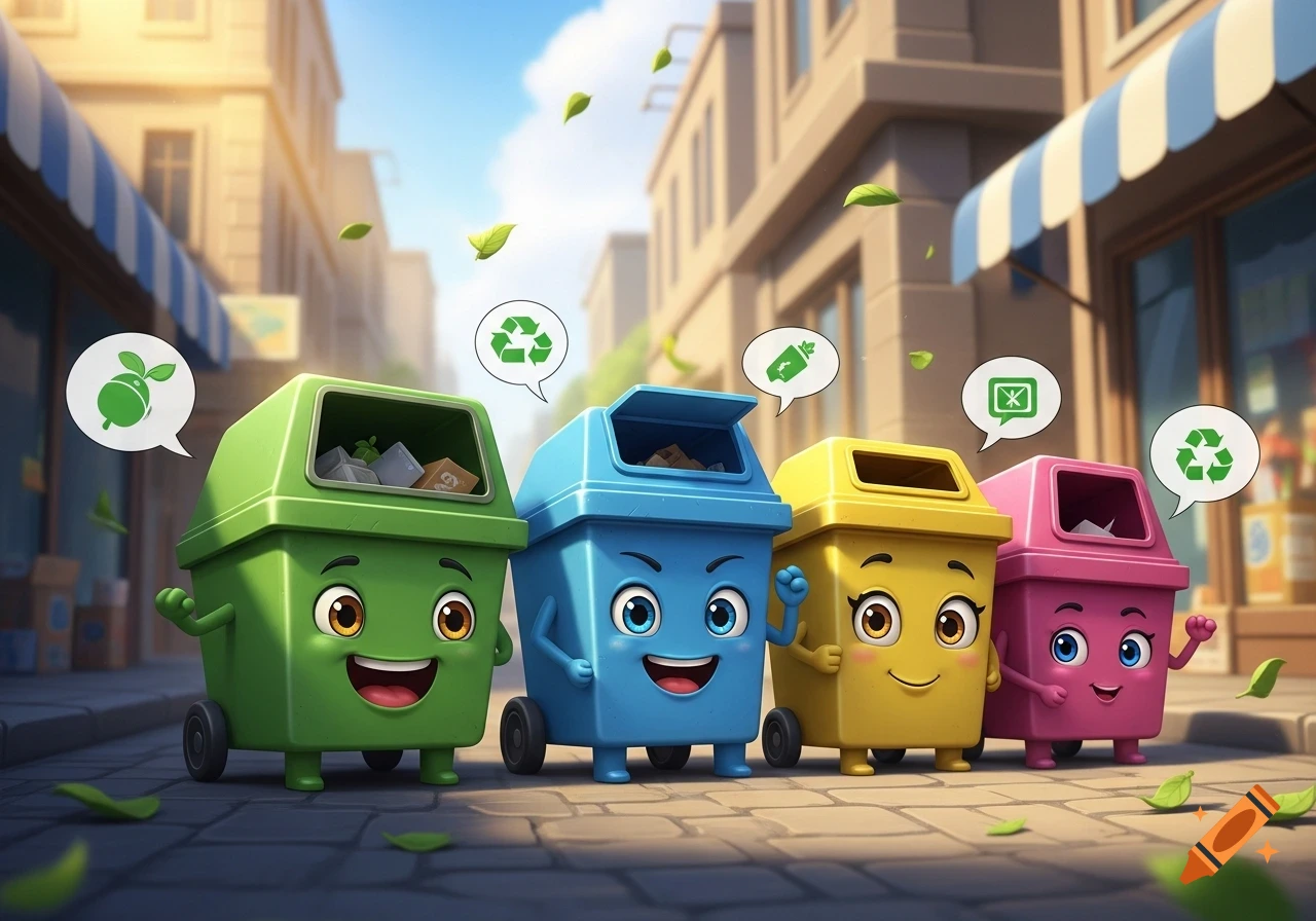 Four cartoon recycling bins (green, blue, yellow, pink) with faces and limbs stand on a city street with floating leaves.