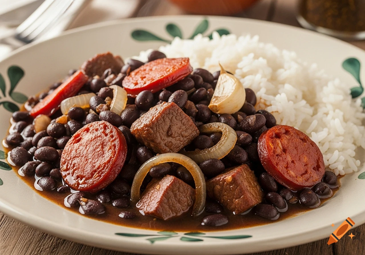 A close-up of a plate of black bean and pork stew with chorizo, onions, and a garlic clove, served with white rice on a rustic ceramic plate.