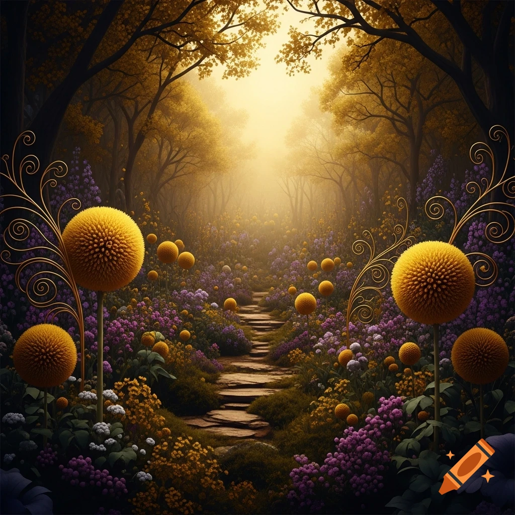 A dreamy forest path winds through purple and yellow flowers under golden-leafed trees, with large yellow pompom plants and golden swirling stems.