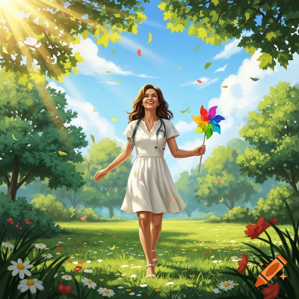 A happy woman in a white dress with a stethoscope around her neck, holding a colorful pinwheel, walks in a sunny park with wildflowers and trees.