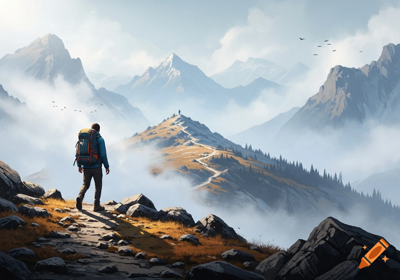 A lone hiker with a backpack walks a winding path through a vast, misty mountain landscape with many peaks and birds flying.