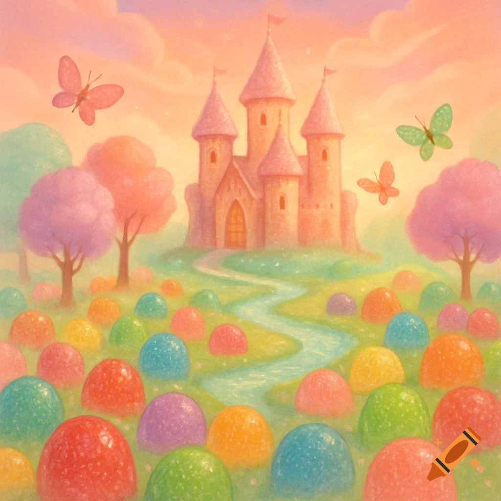 A whimsical pastel illustration of a pink castle on a hill surrounded by colorful gumdrop-like mounds, trees, and butterflies.