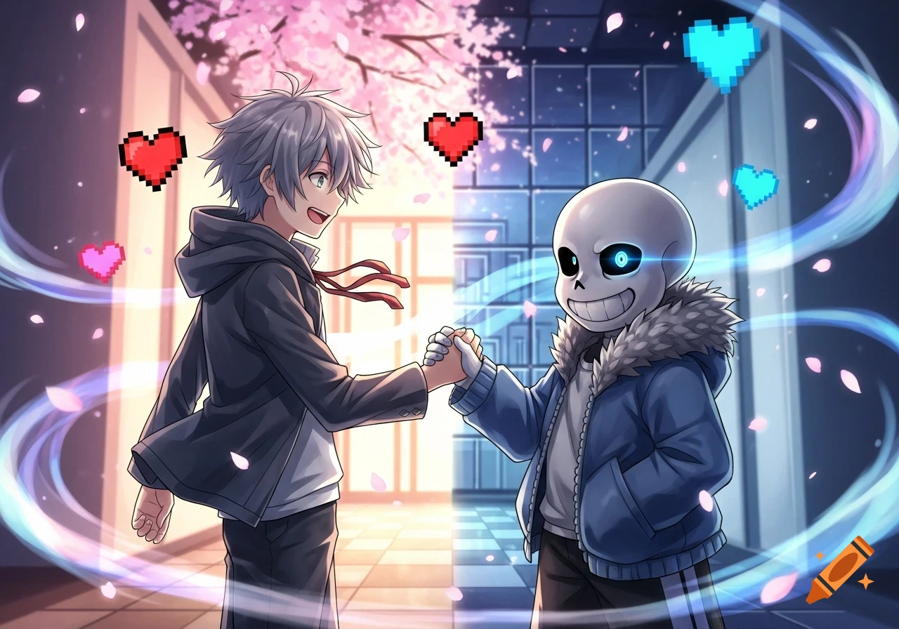 Anime style image of Nagito Komaeda and Sans Undertale holding hands, smiling under a split background with cherry blossoms and a tiled room, adorned with pixelated hearts.
