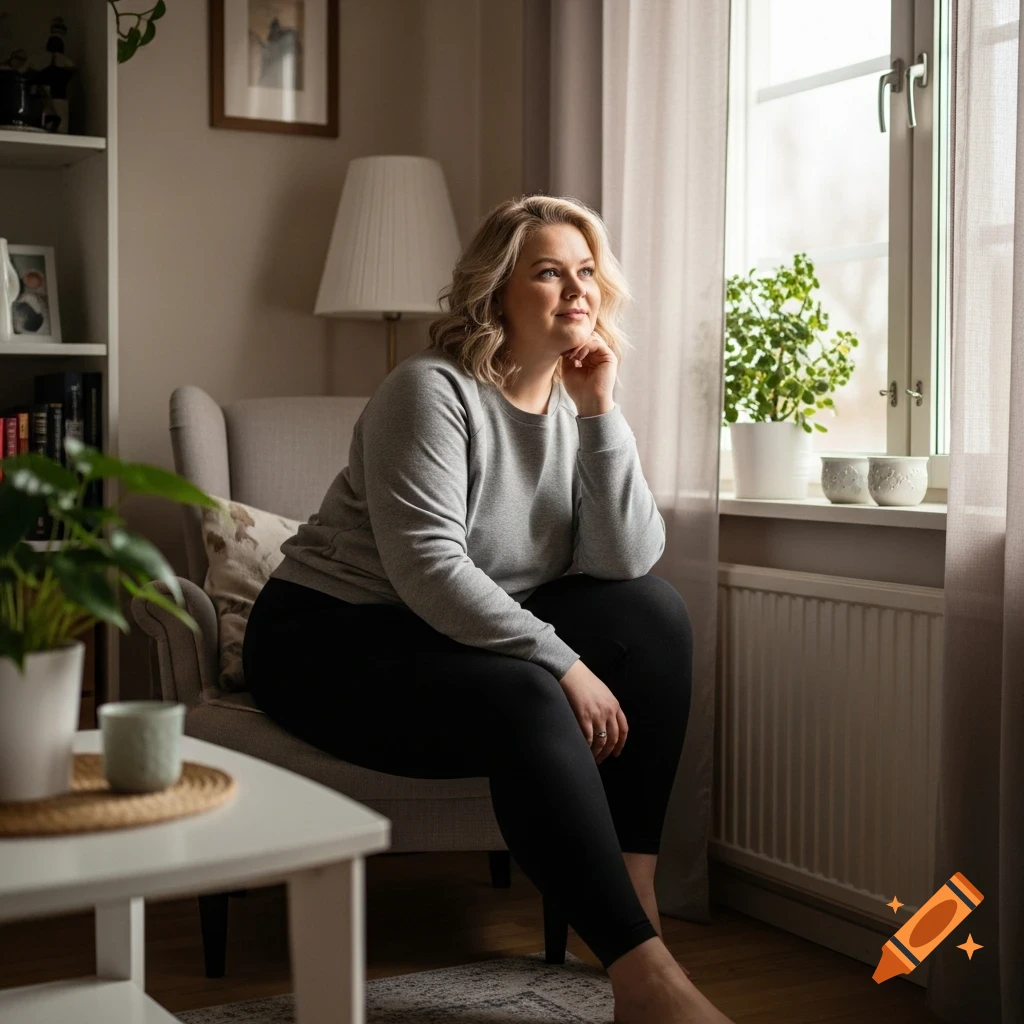 A plus-size woman in a grey sweatshirt and black leggings sits in an armchair, looking thoughtfully out a window in a cozy home.