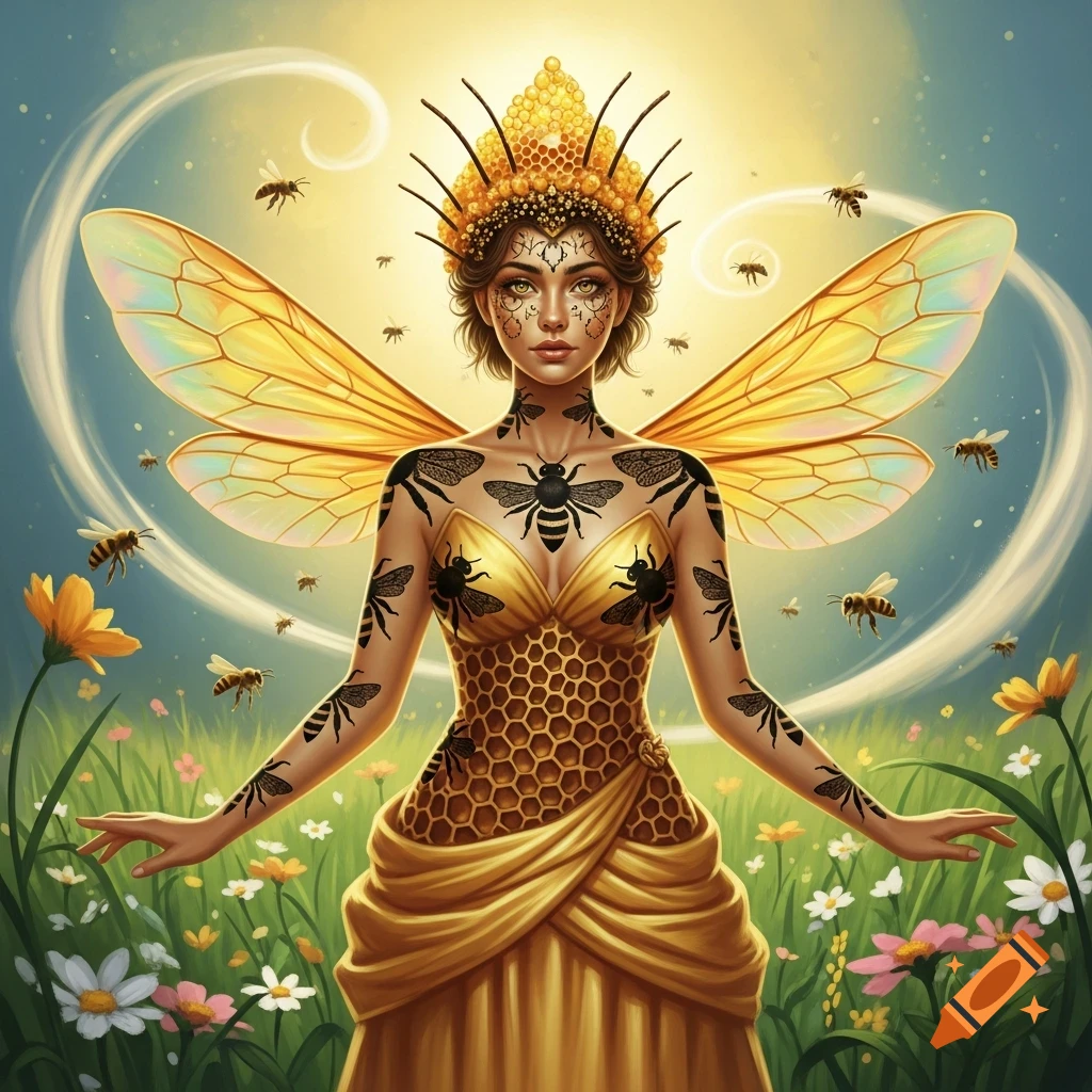 A regal bee-human hybrid woman with golden wings, a honeycomb crown, and bee tattoos, standing in a sunny wildflower field.
