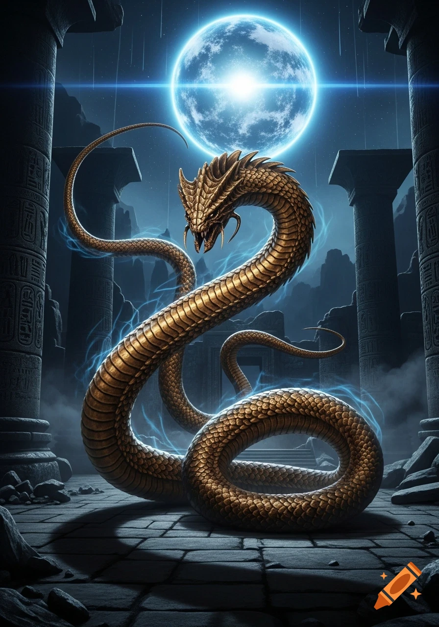 A majestic golden serpent creature with glowing blue energy around it stands in a dark ancient ruin under a large, bright full moon.