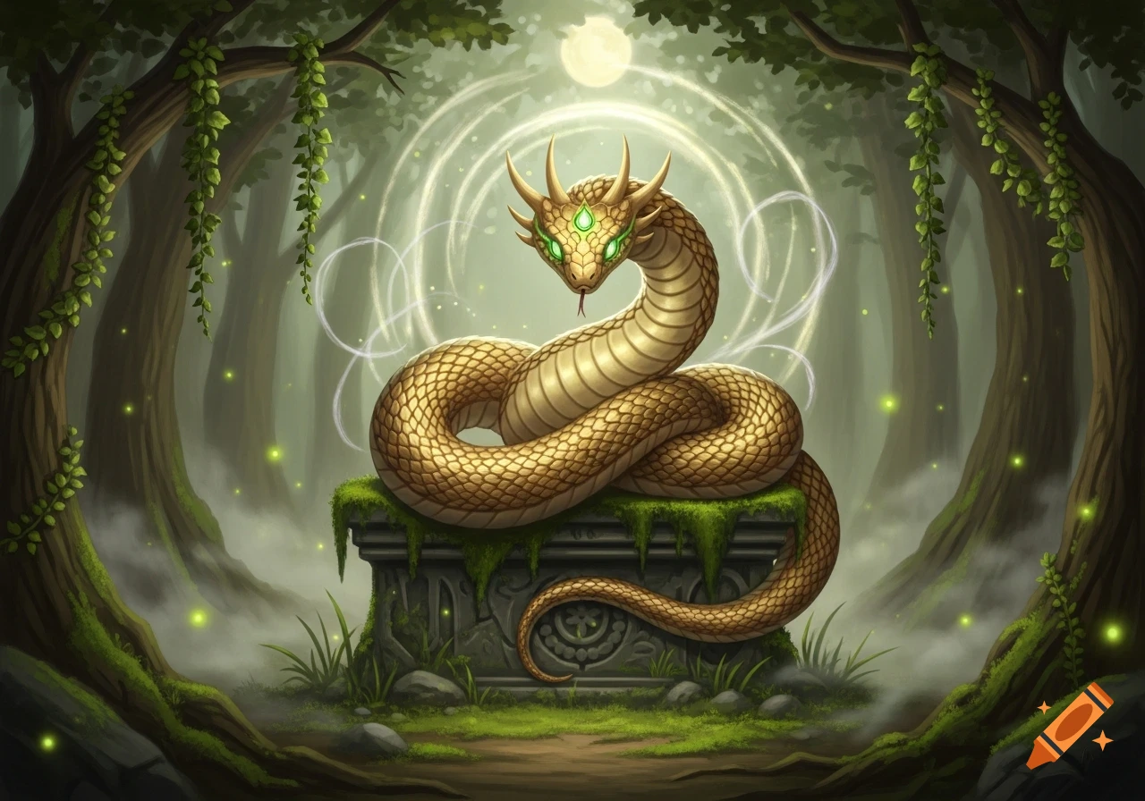 A golden horned snake with glowing green eyes and gems is coiled on a mossy stone altar in a mystical, foggy forest with glowing light and energy rings.