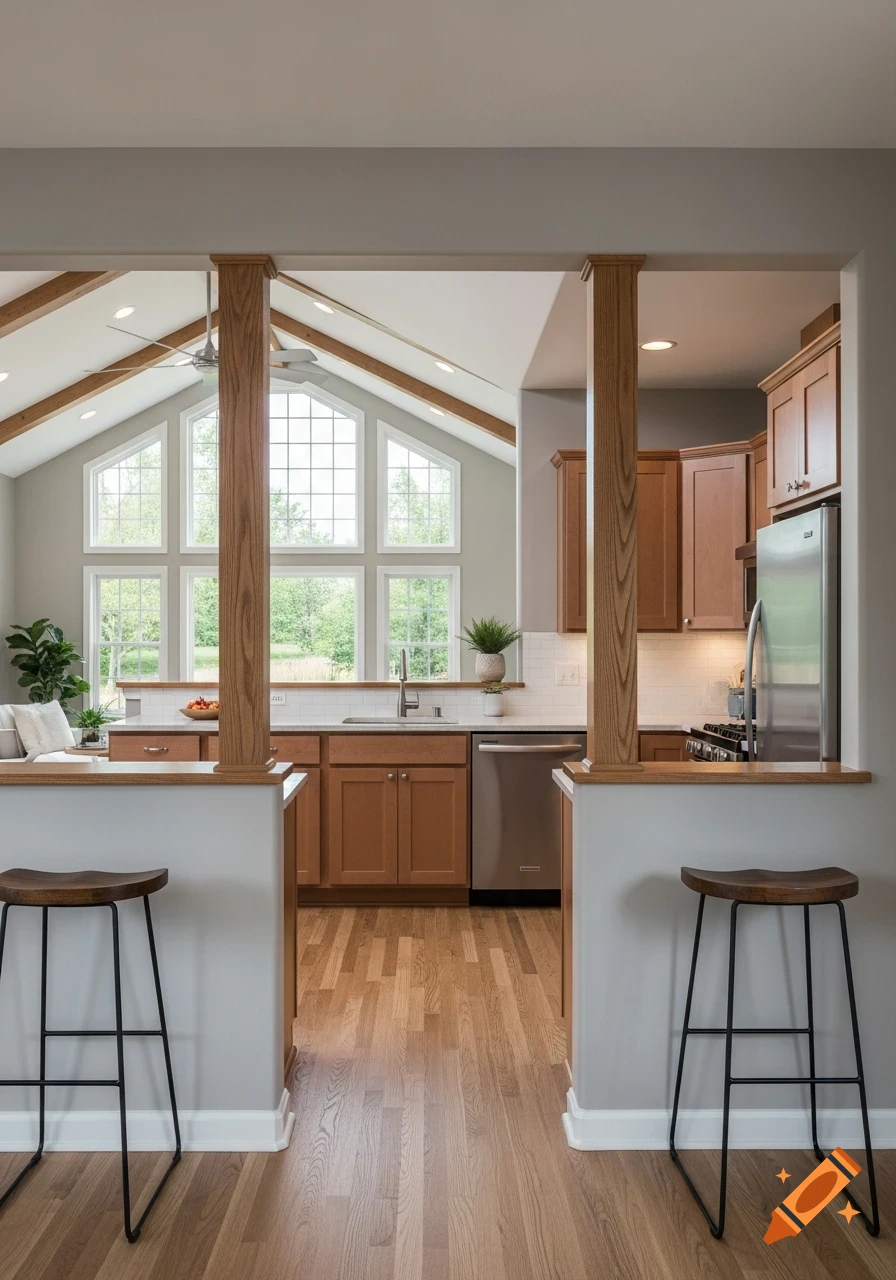 A modern open-concept kitchen and living room with a vaulted ceiling and large windows. Wooden posts support a beam above a half-wall counter with bar stools.