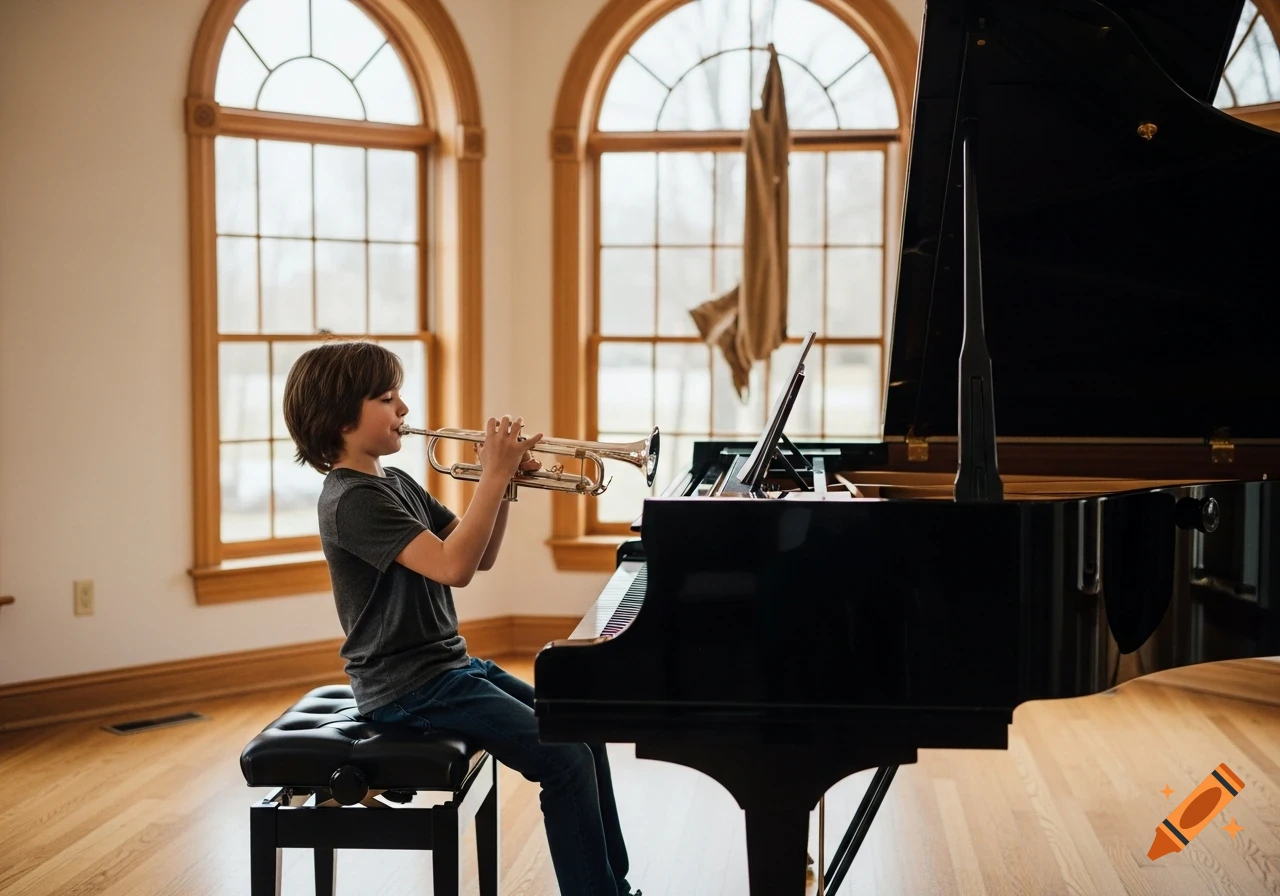 A boy sits at a grand piano, playing a trumpet in a sunlit room with arched windows.