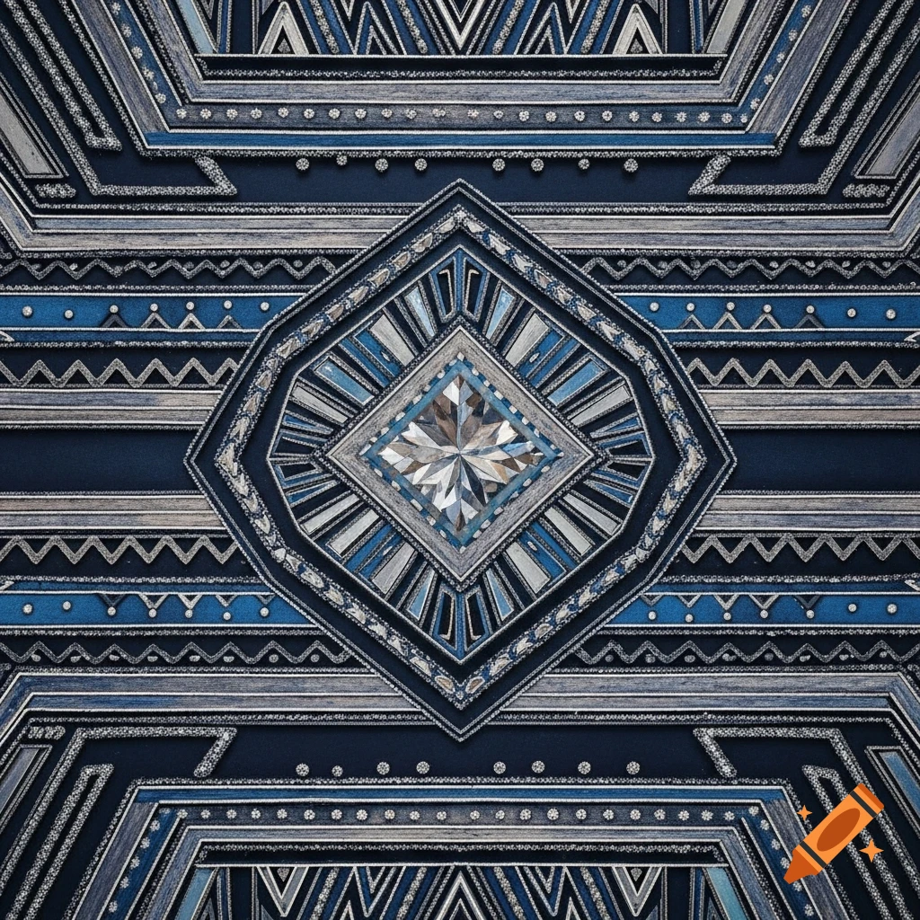 Detailed geometric pattern in blue and silver with a central faceted diamond, surrounded by zigzags and dots.