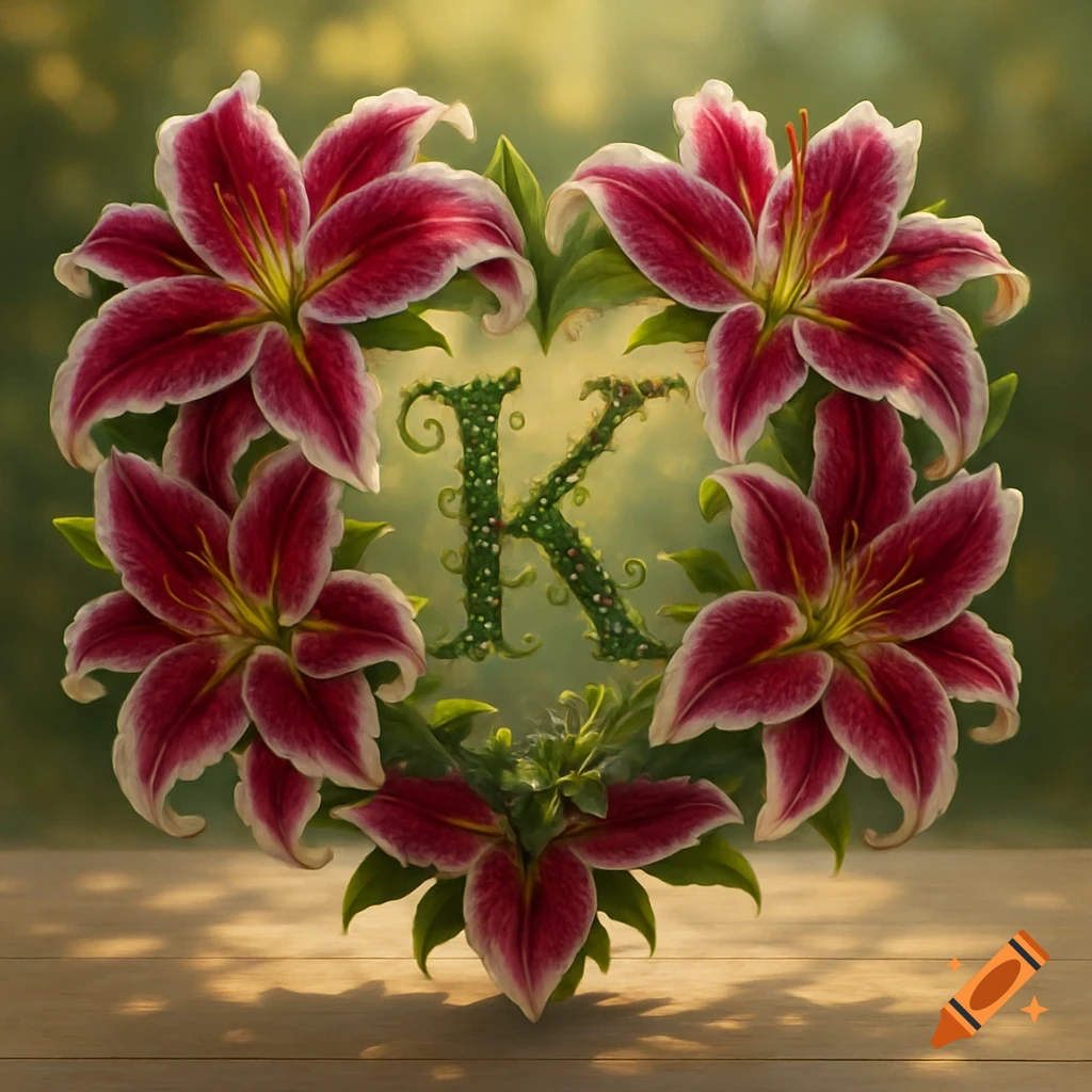 Heart-shaped arrangement of red and white stargazer lilies surrounding a green, vine-covered letter K on a wooden surface.