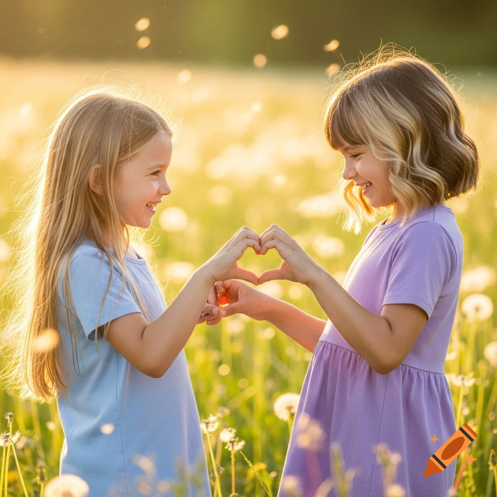 Two smiling young girls make a heart shape with their hands in a sunlit field of dandelions.