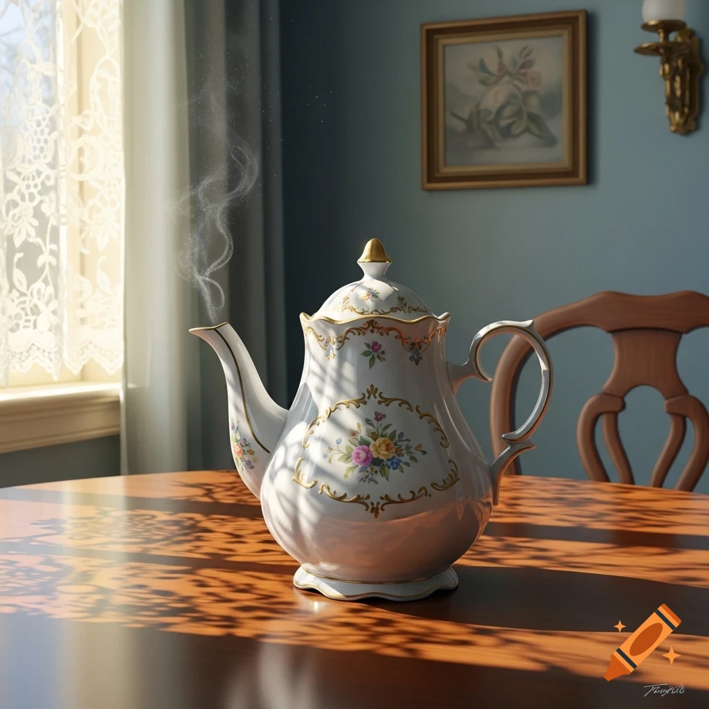 Photorealistic image of an ornate white teapot with floral designs and gold trim, steaming on a sun-drenched wooden table.
