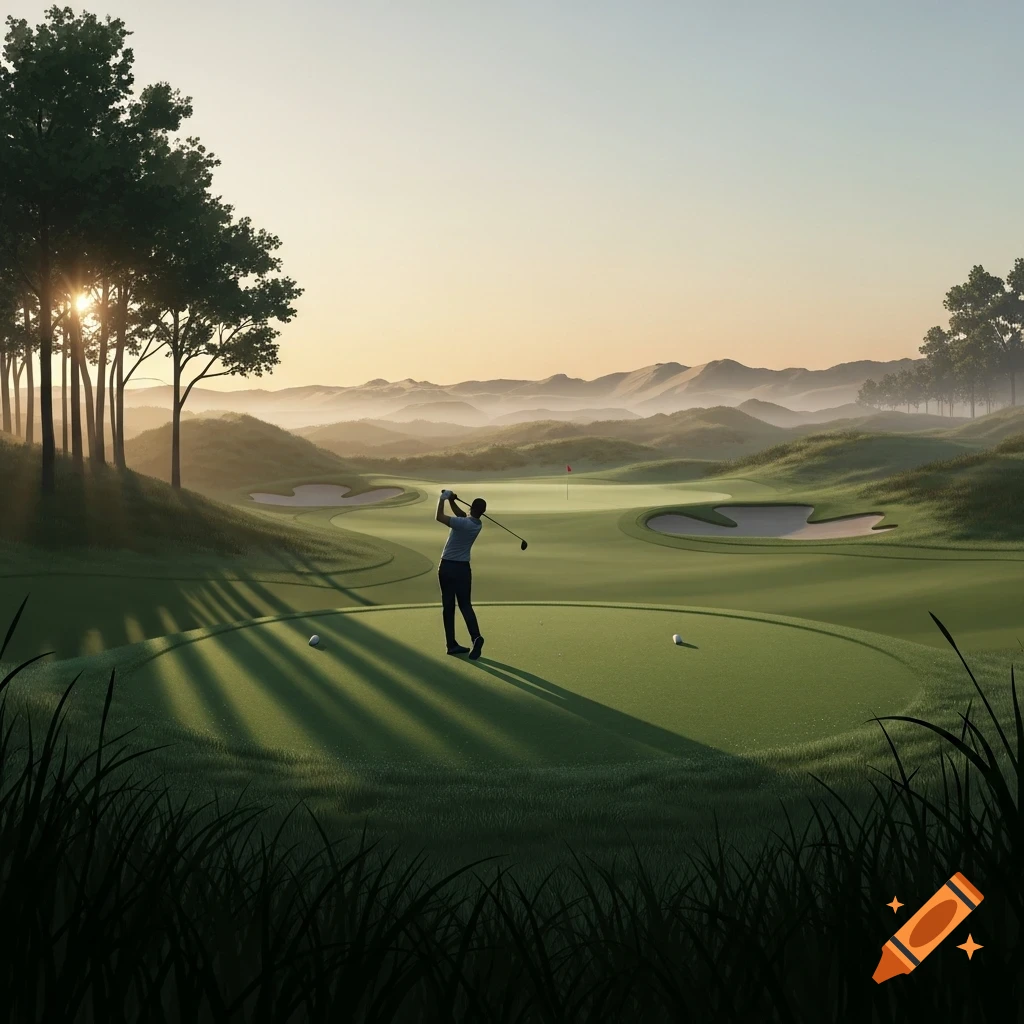 A golfer swings on a green course at sunrise, with long shadows and misty mountains in the background.