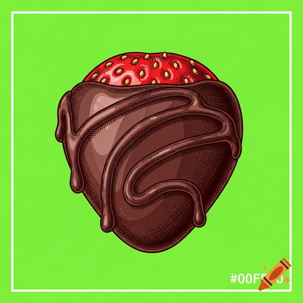 A hand-drawn illustration of a chocolate-covered strawberry with dripping chocolate, against a bright green background.