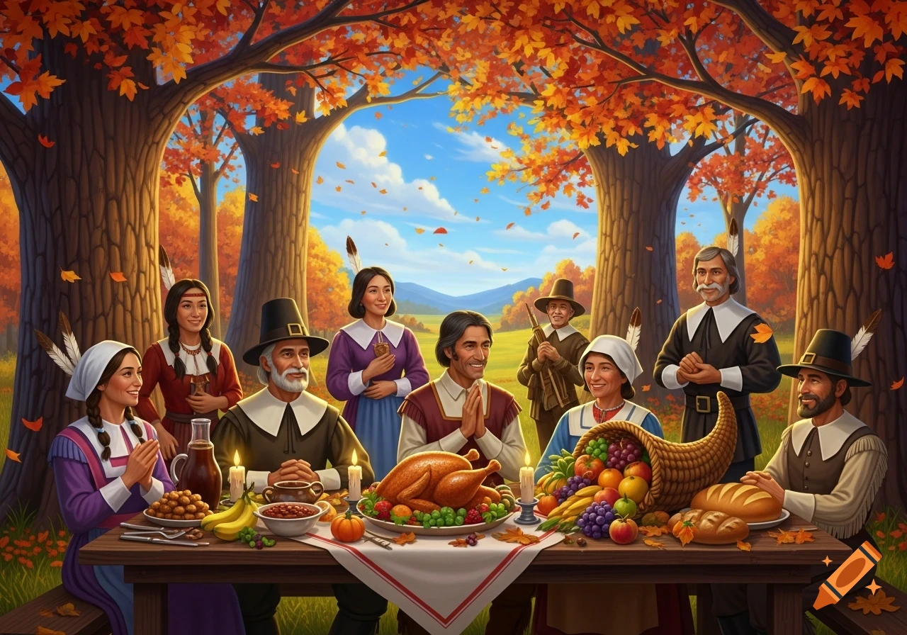 Stylized illustration of Pilgrims and Native Americans sharing a Thanksgiving feast outdoors under autumn trees.