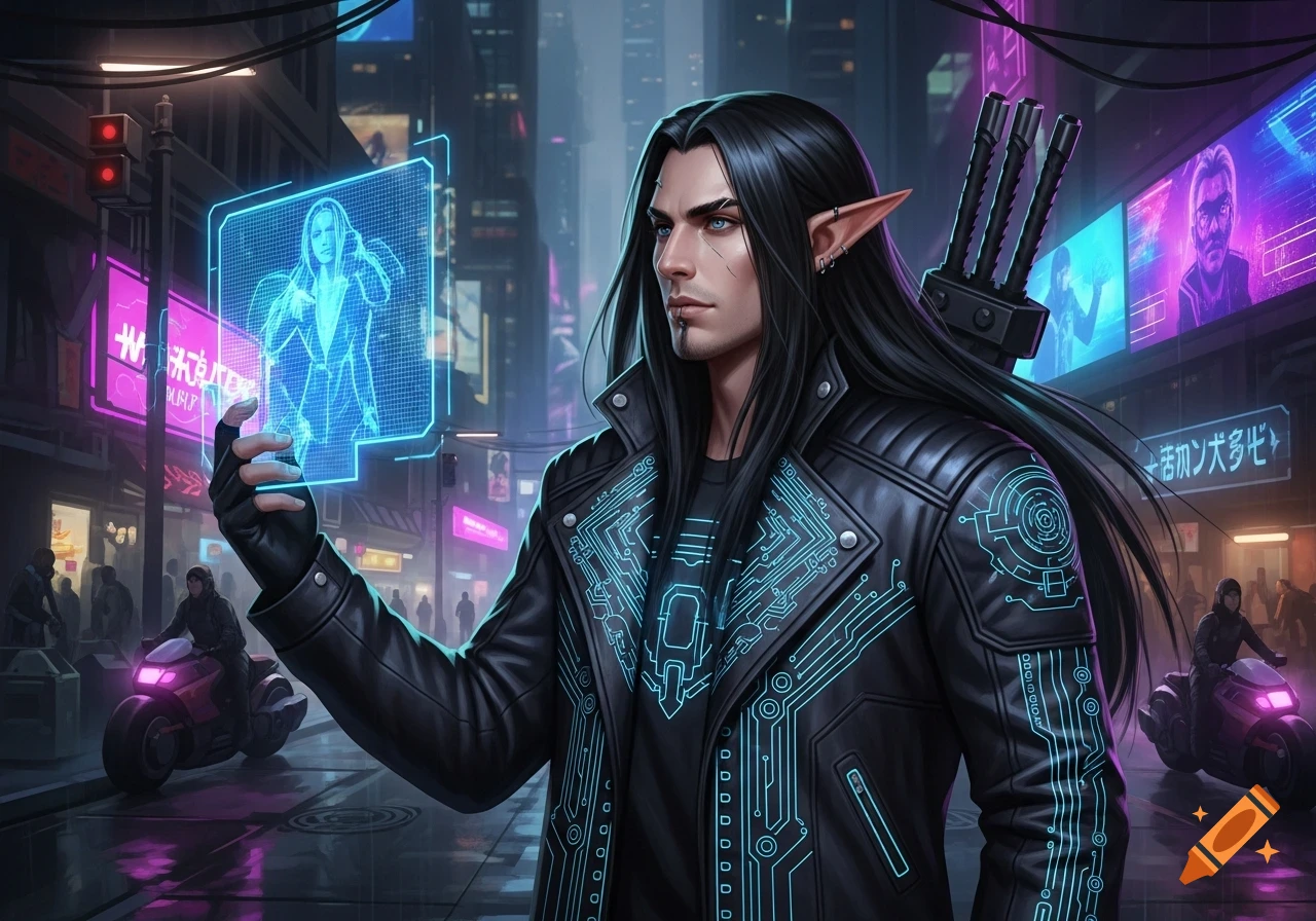 A male elf with long black hair, piercings, and a leather jacket with circuit patterns stands in a neon-lit cyberpunk city, holding a glowing holographic display.