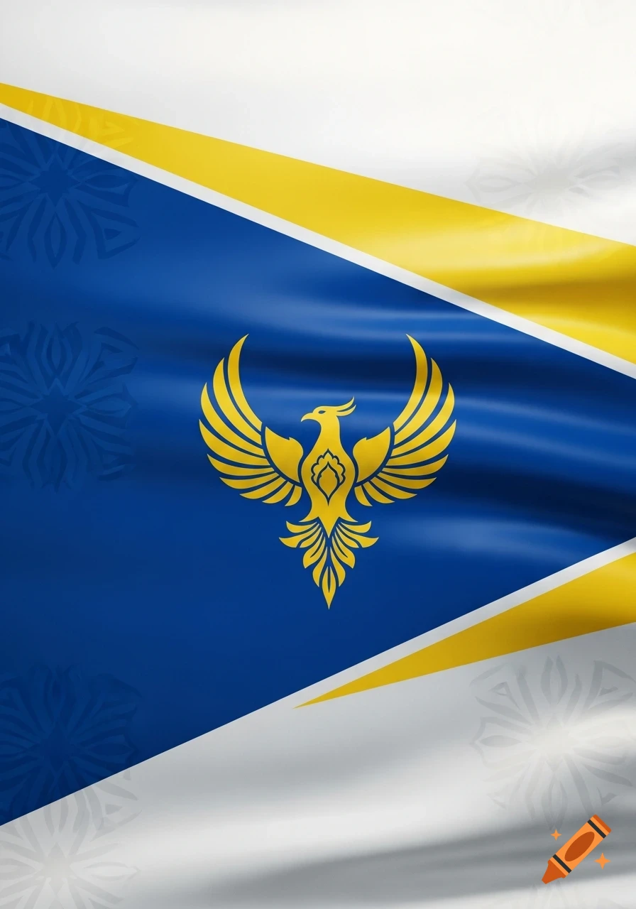 A flag featuring a golden phoenix emblem on a blue field, with white and yellow diagonal sections at the top and bottom, giving a wavy appearance.