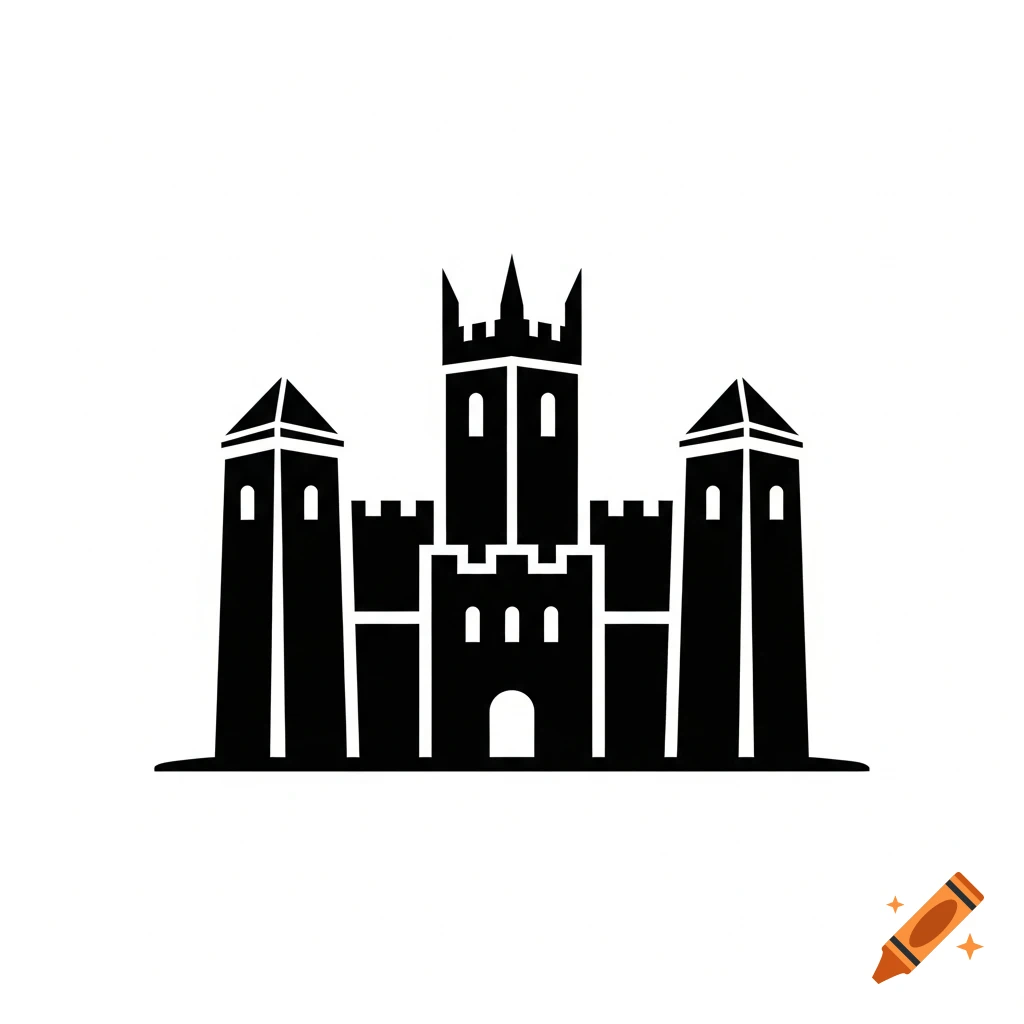 Minimal black and white icon of a medieval castle with towers and battlements.