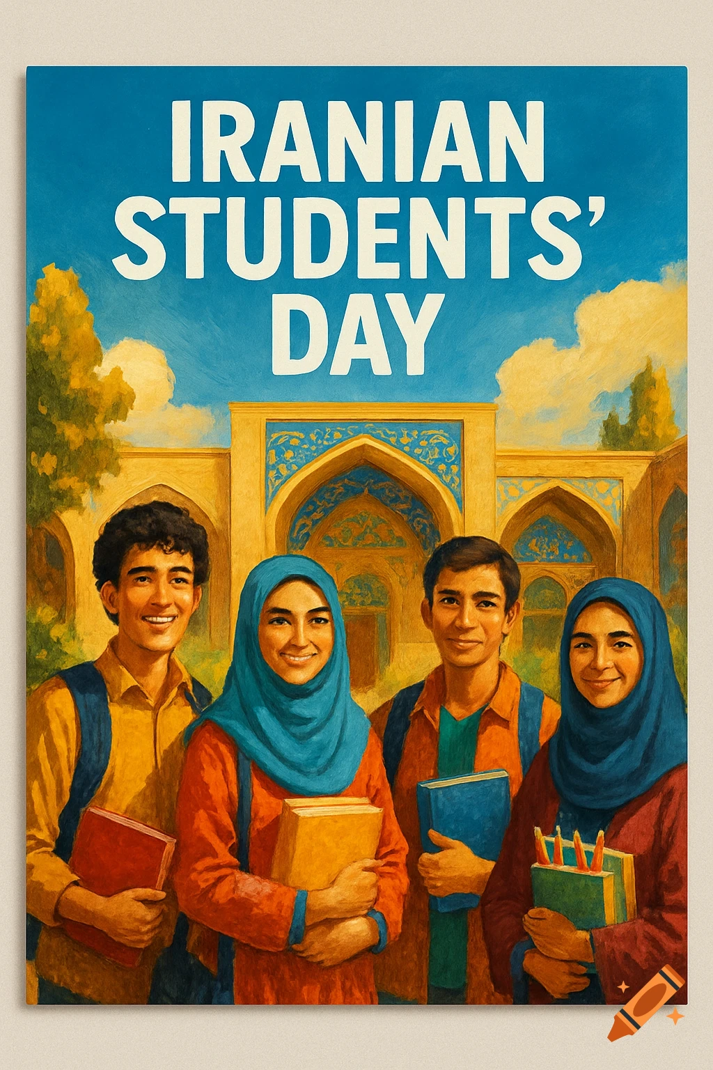 Four smiling Iranian students, two in hijabs, hold books in front of an ornate building. A poster style image with the text IRANIAN STUDENTS' DAY.
