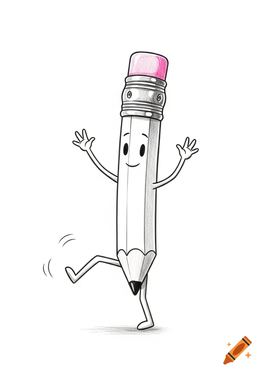 A smiling cartoon pencil character with arms and legs, dancing or walking on a white background, drawn in a simple pencil style.