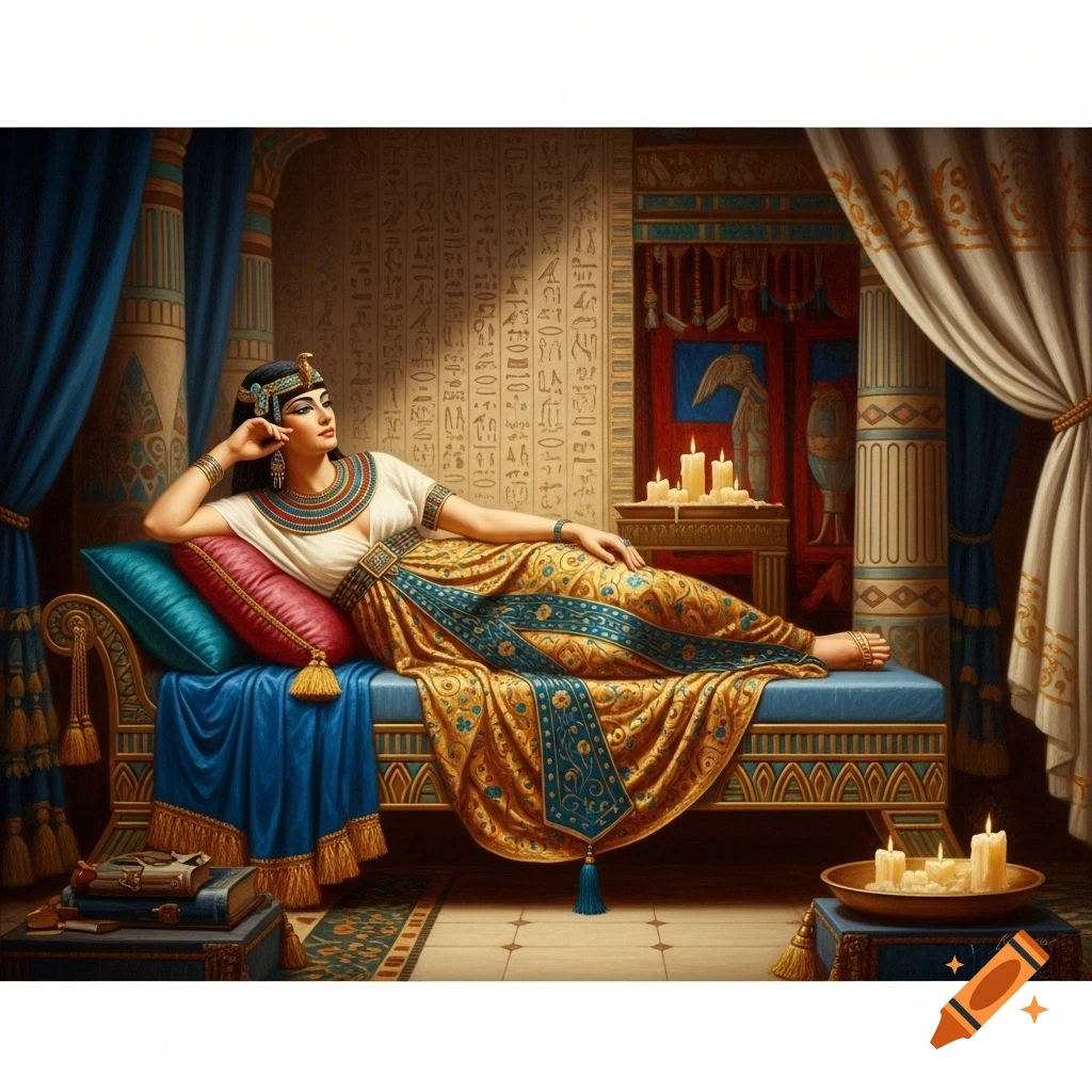 An ancient Egyptian woman in royal attire reclines on a lavish bed in a chamber adorned with hieroglyphs.