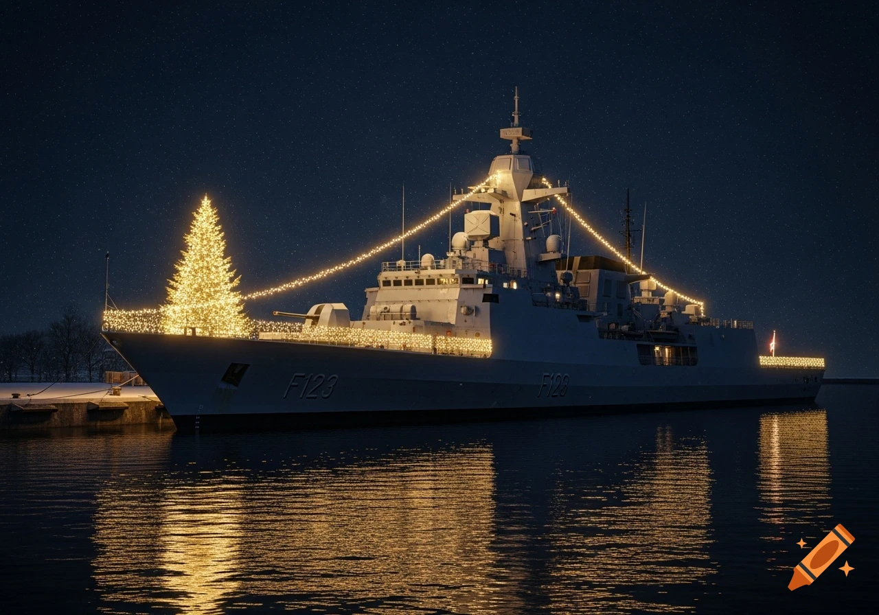 Photorealistic night shot of a German F123 frigate decorated with Christmas lights and a Christmas tree in a snowy harbor.